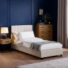Make a comfy and stylish room with this 90cm single bed. The headboard has vertical lines and soft padding for comfort. The soft Oatmeal Linen upholstery goes well with any bedroom look. The low bed frame and black legs finish the design, making it great for small rooms or simple styles. 