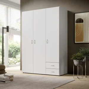This wardrobe is great for small rooms or when you have guests. It looks good and is very useful, with lots of space for your things. It has three doors that open outwards. Inside, there are three shelves, two drawers, and a bar to hang clothes. Everything will be neat and tidy. The wardrobe is made of strong material and has a nice white and light wood look that fits in with any home.