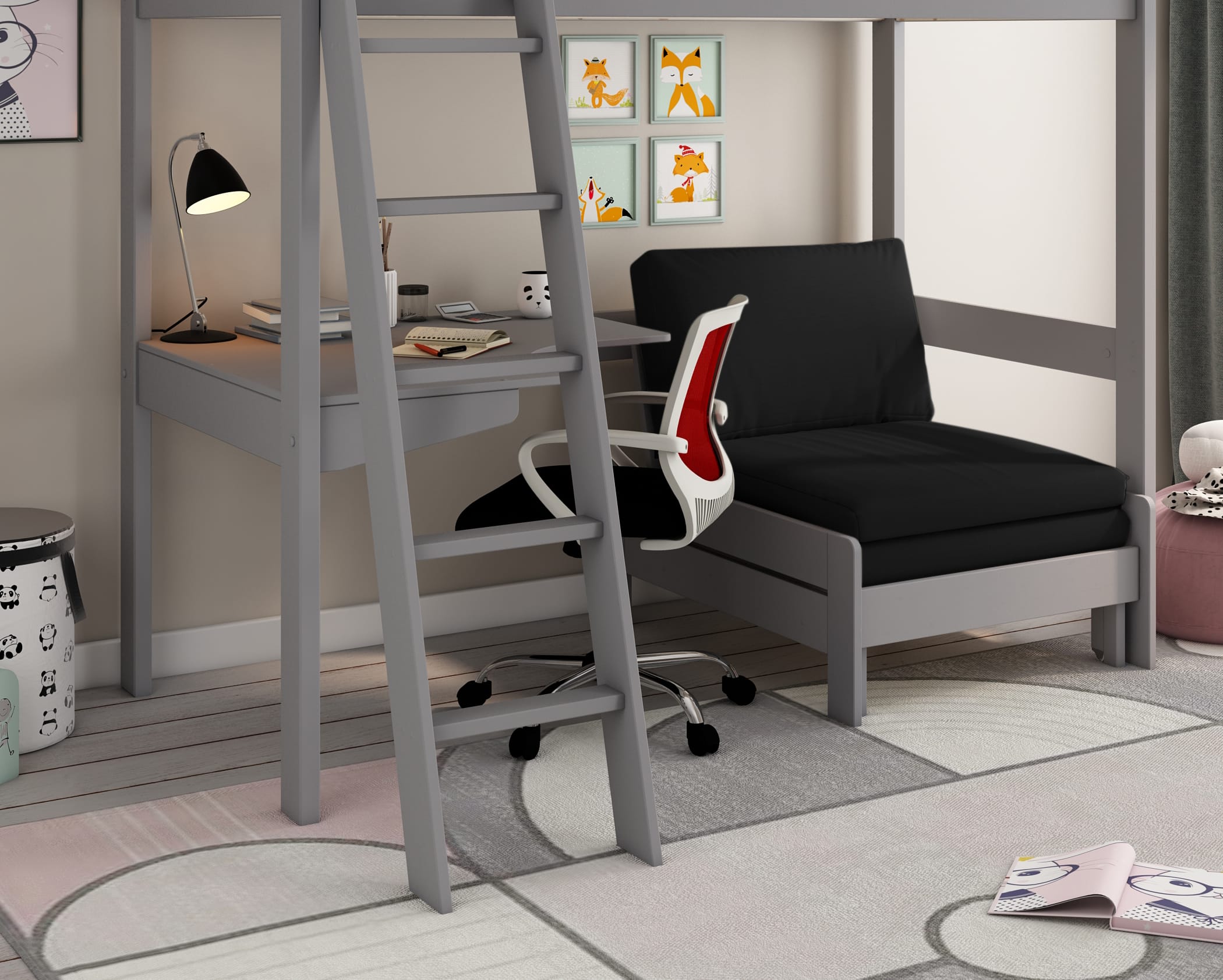 Estella Grey High Sleeper Bed With Black Sofabed & Desk - Image 2