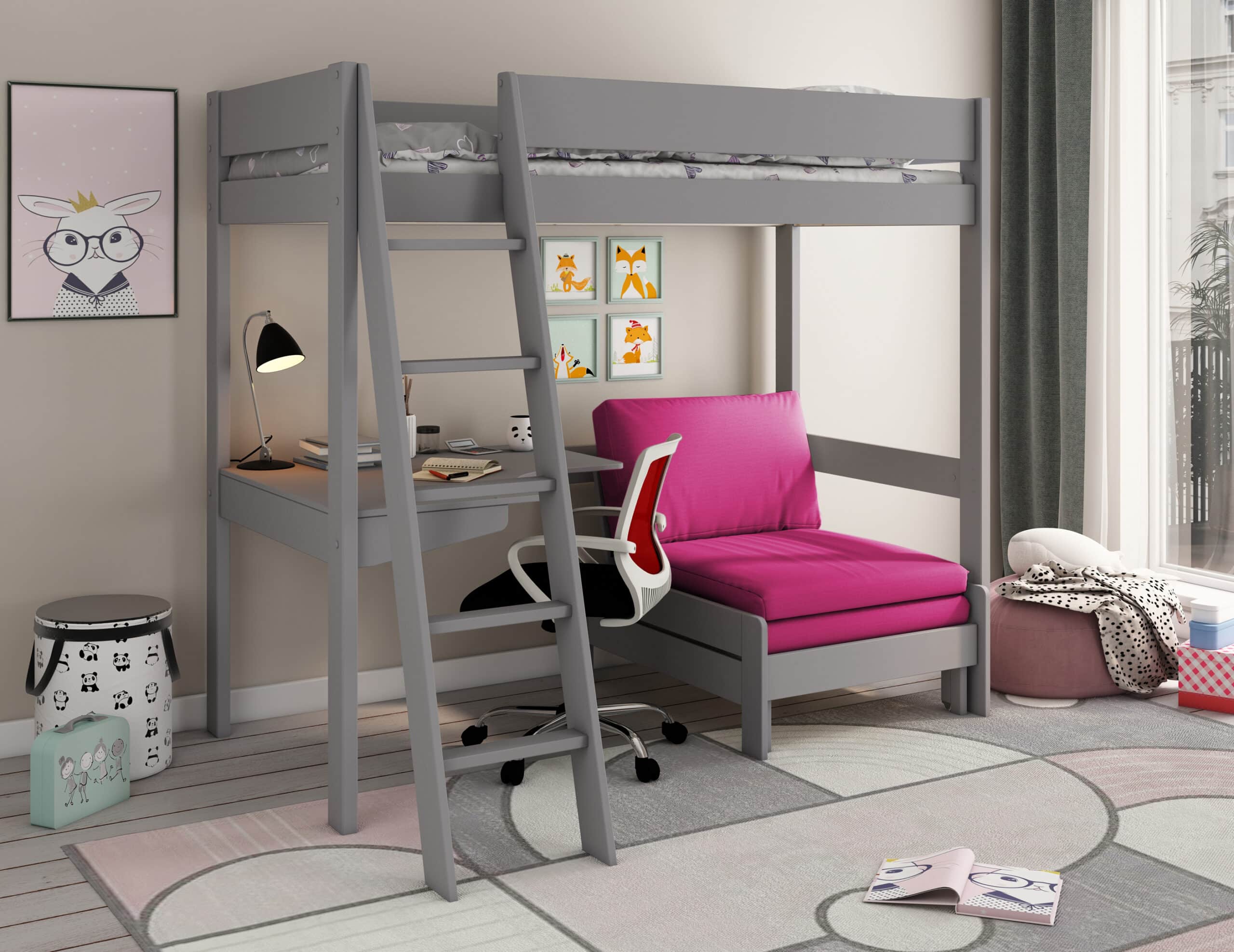 The Kids Avenue Estella grey high sleeper bed  with pink sofabed has a sturdy bed frame that includes a built-in corner desk and a reversible ladder. The five-step slanted ladder can be positioned on either the left or right front side of the bed frame. Underneath the bed, you'll find a corner desk and a standalone sofa chair with pink cushions. When fully extended, the sofa bed measures approximately 180cm in length. The corner desk provides a large work surface, perfect for homework or gaming. The corner desk must be assembled behind the ladder to ensure enough space for the fully extended sofa bed. The raised sleeping area of the Kids Avenue Estella grey high sleeper bed with pink sofabed is designed for a UK single mattress