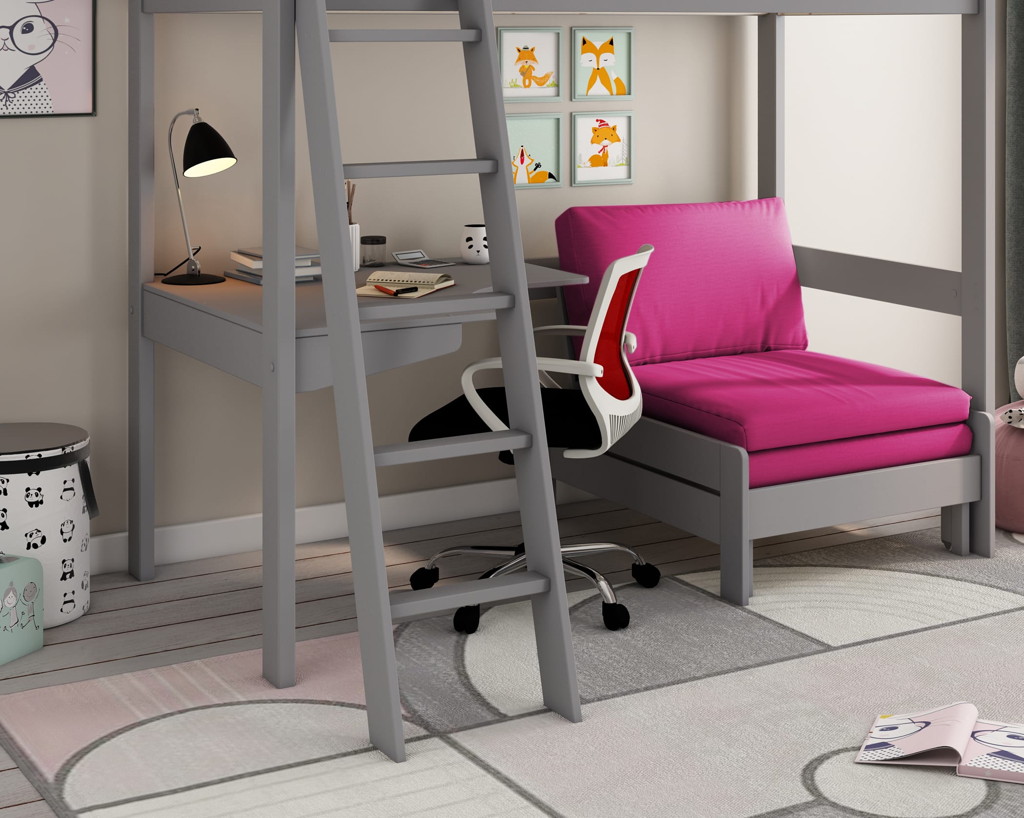 Estella Grey High Sleeper Bed With Pink Sofabed & Desk - Image 2