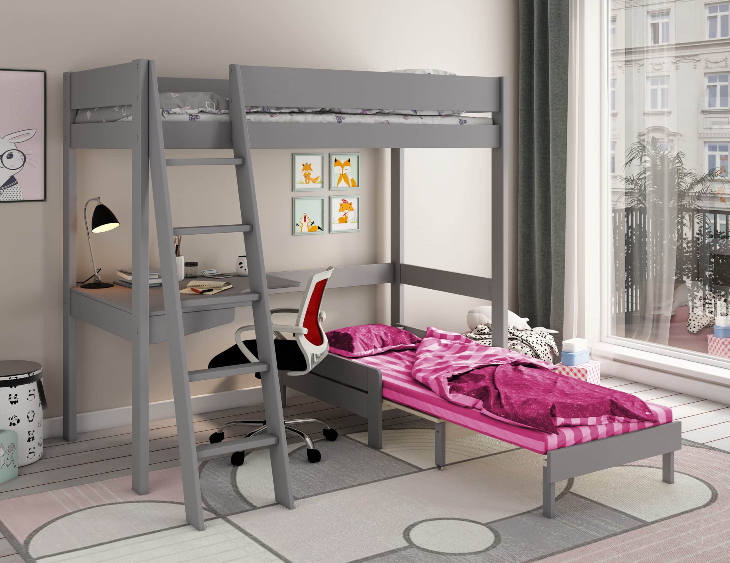 Estella Grey High Sleeper Bed With Pink Sofabed & Desk - Image 4