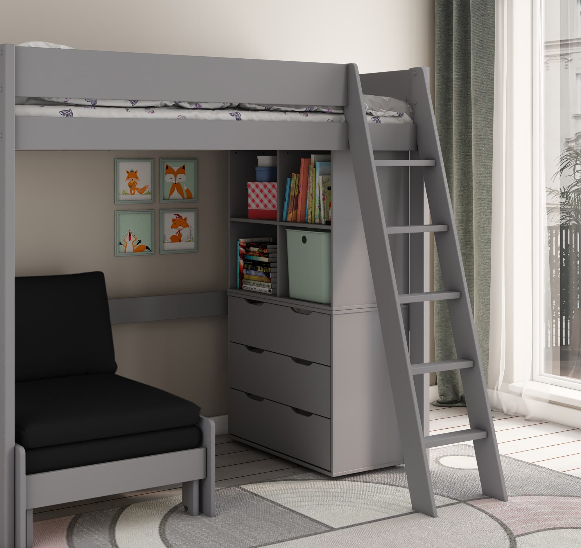 Estella Grey High Sleeper Bed With Black Sofabed Chest & Cube - Image 3