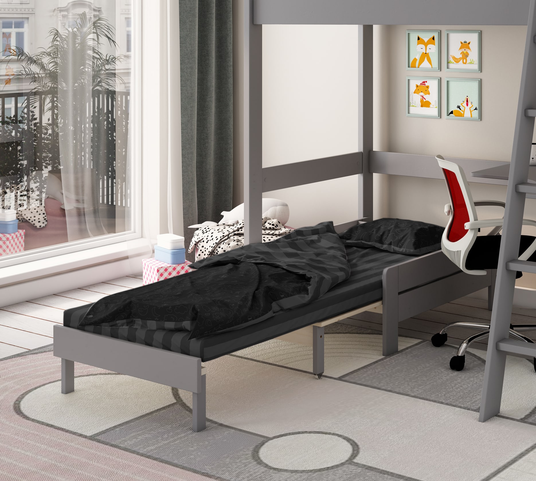 Estella Grey High Sleeper Bed With Black Sofabed Chest & Cube - Image 4