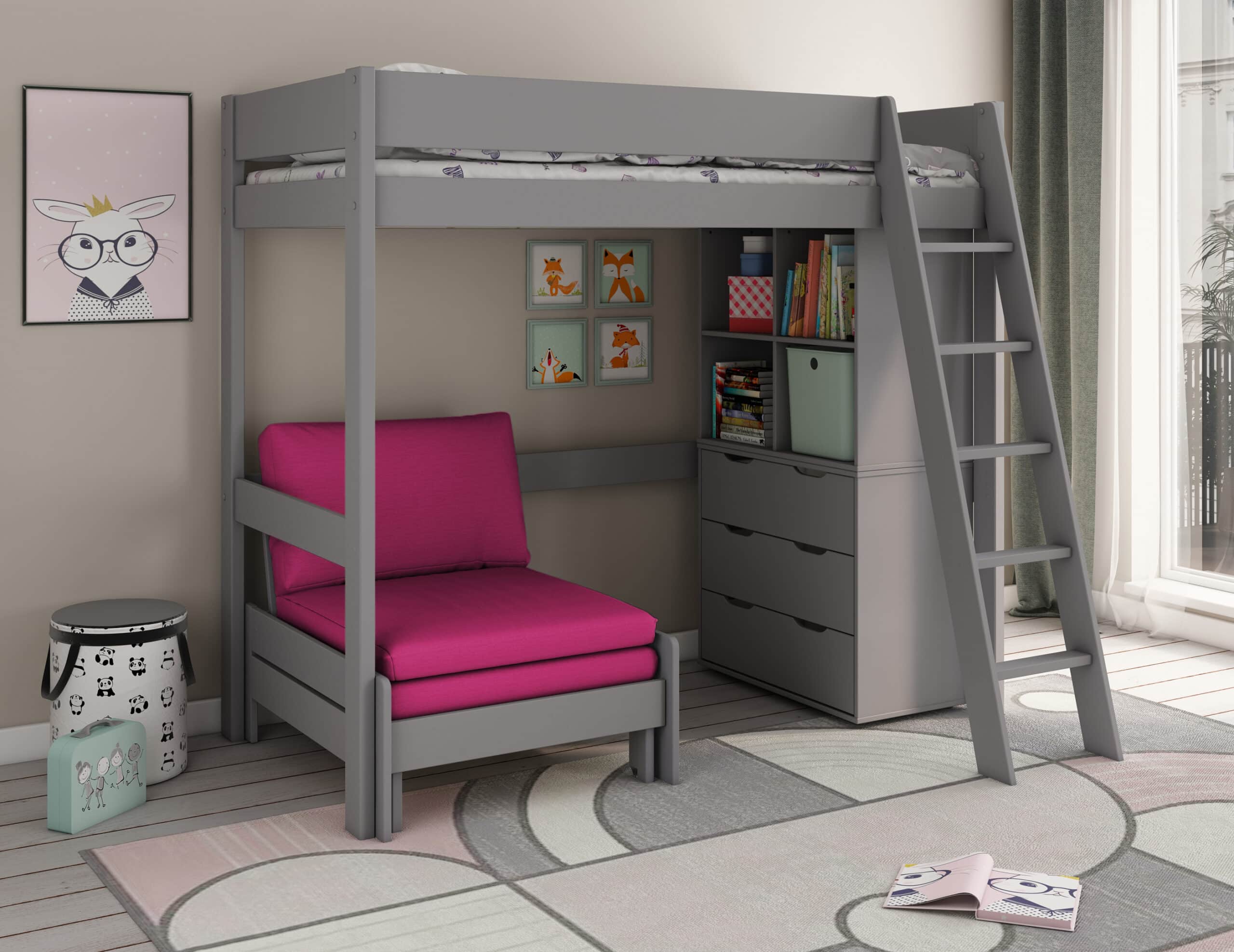 The Kids Avenue Estella grey high sleeper bed with a pink sofa bed features a raised bed frame and a reversible slanted ladder. It also includes under-bed storage. The Estella bed has a reversible ladder, allowing you to assemble the sturdy 5-step ladder on either the front left or front right of the bed frame. Beneath the high sleeper bed frame are three standalone pieces of bedroom furniture that fit perfectly under the bed but can also be used separately. The pull-out sofa bed is an ideal space-saving solution for any child's bedroom, providing a comfortable place to sit and relax or converting into a guest bed.