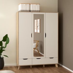 Nori Wardrobe 3 Doors 2 Drawers with Mirror in Jackson Hickory and White