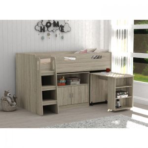 Kudl, Storage Mid Sleeper with Cupboard and Shelves - Oak